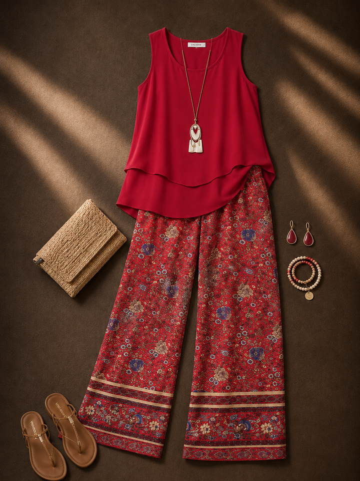 Cayetana™ | Boho vrstvený top a sada květinových kalhot
