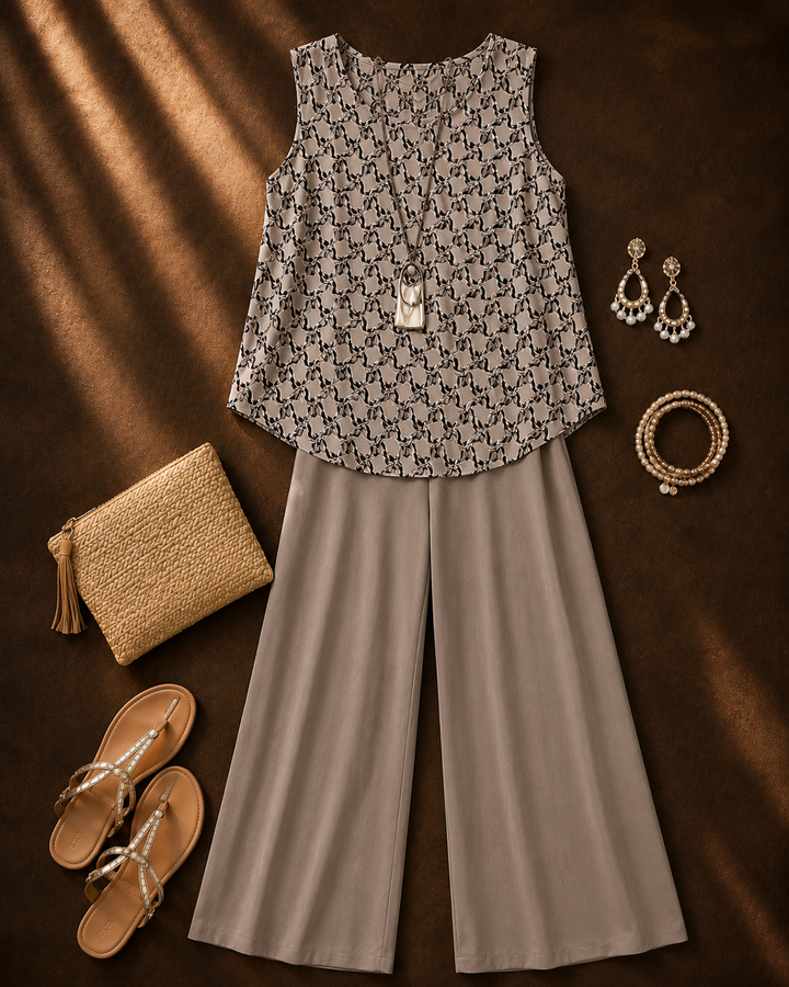 Facunda™ | Sada taupe geometrická halenka a ancho pantalon