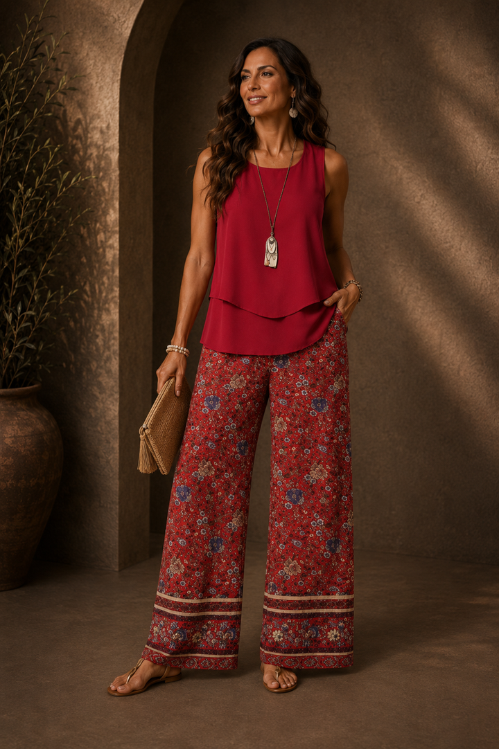 Cayetana™ | Boho vrstvený top a sada květinových kalhot